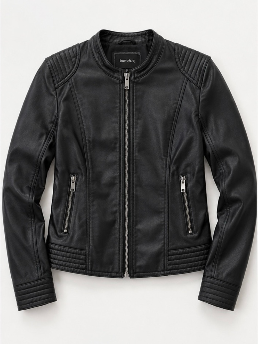 Bunoh.Q The Collection Black Faux Leather Moto Jacket | Quilted‎ Shoulder Detail